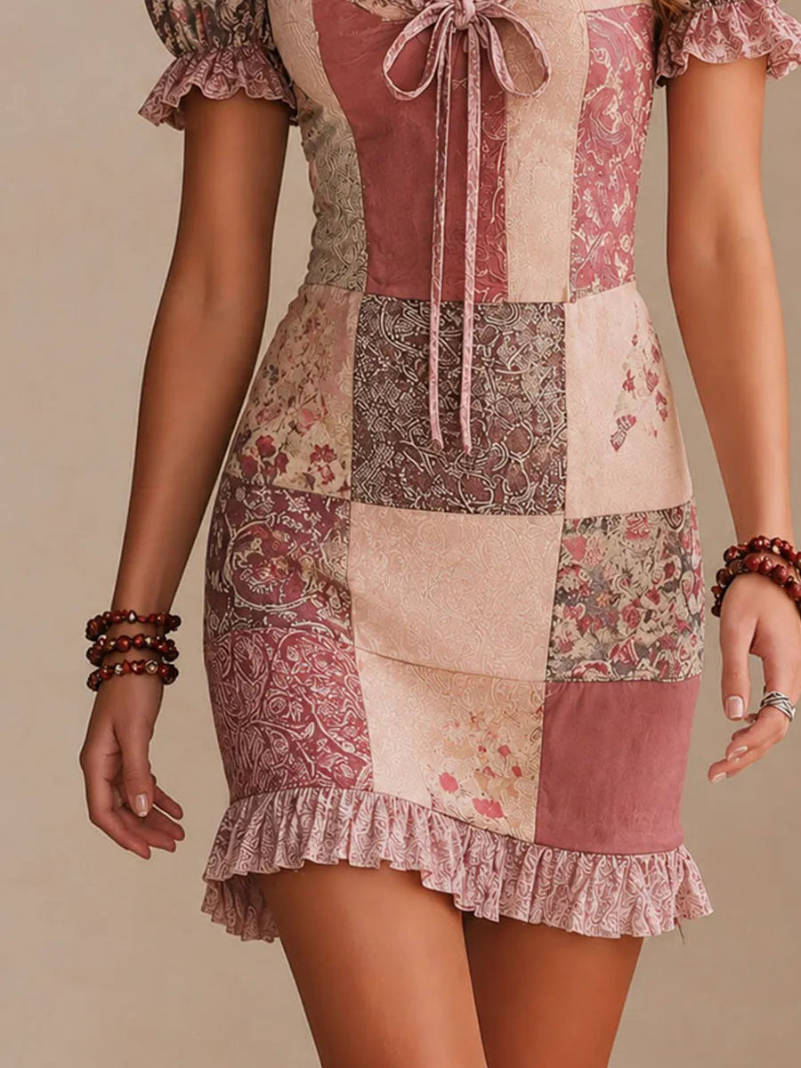 Vintage Patchwork Sweetheart Puff Sleeve Mini Dress
