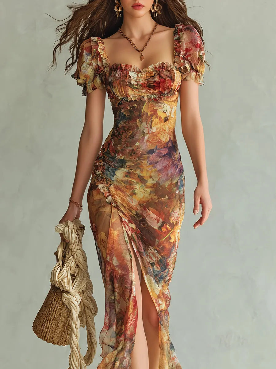 Boho Holiday Oil Painting Printed Chiffon Maxi Dress