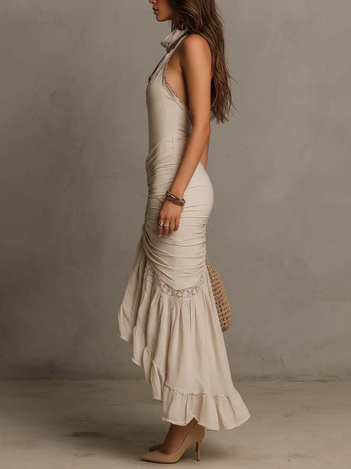Bohemian Cotton-Linen Halter Lace Trim Ruched Midi Dress