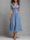 Chambray Button-Down Midi Shirt Dress
