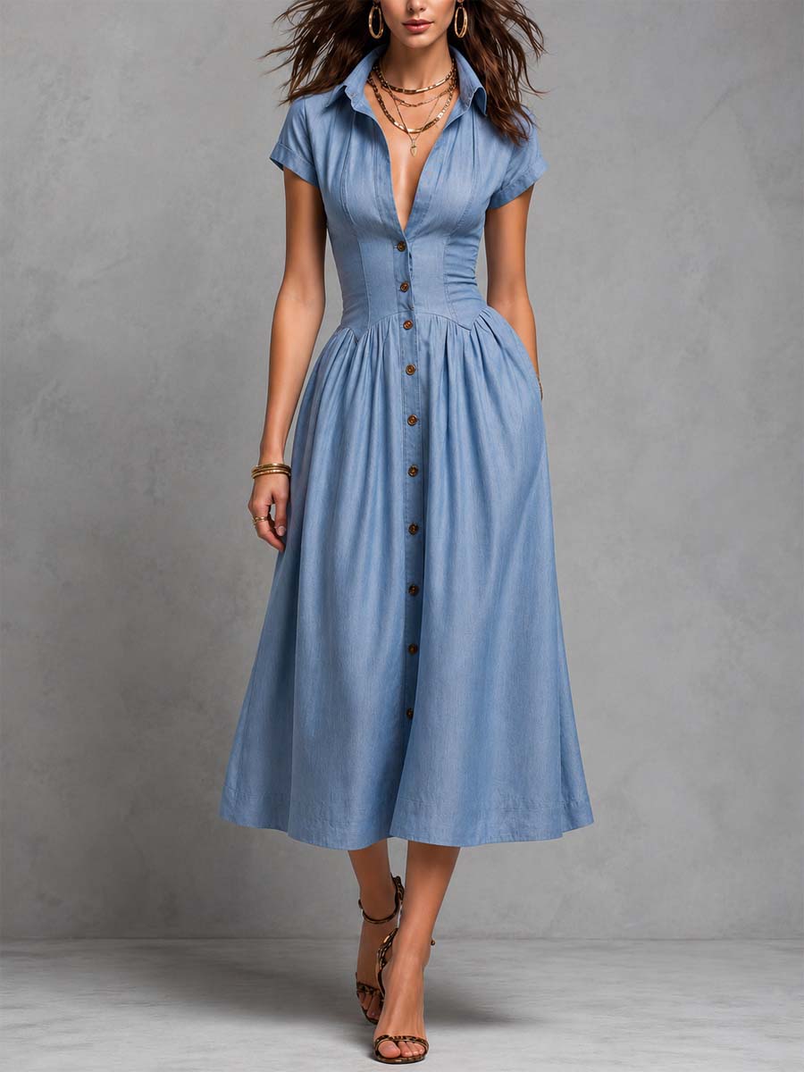 Chambray Button-Down Midi Shirt Dress