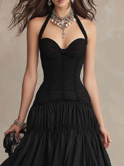 Bohemian Halter Ruched Tiered Midi Dress