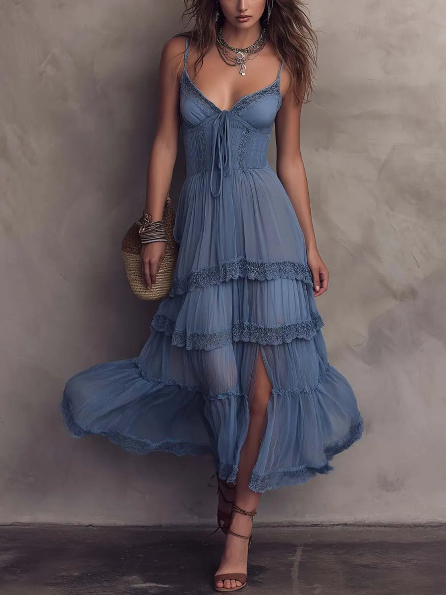 Retro Lace Trim And Slit Hem Chiffon Spaghetti-Strap Midi Dress