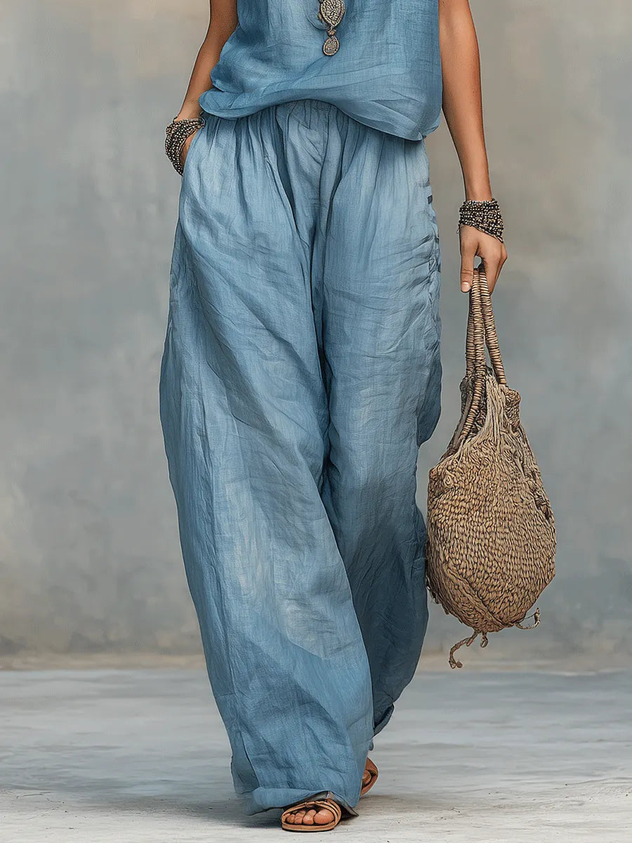 Bohemian Soft Blue Maxi Top And Loose Pants Set