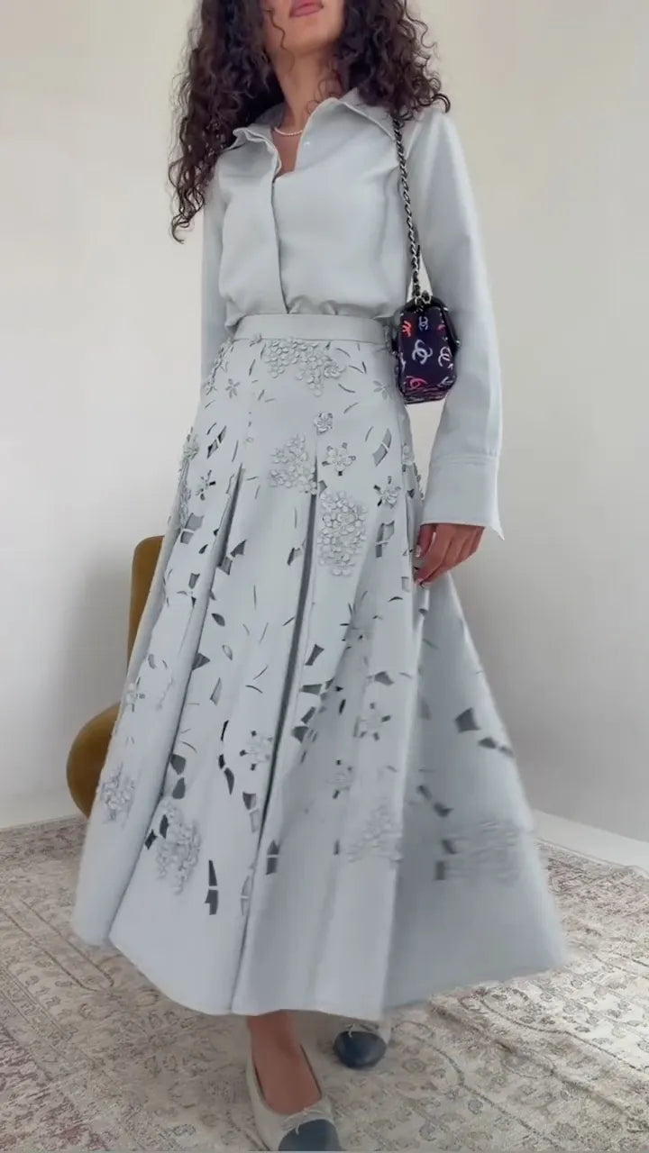 Powder-Blue Shirt & Floral A-Line Midi Skirt Set