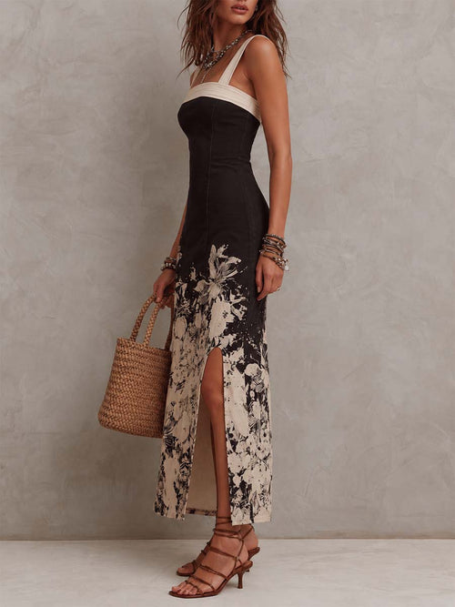 Black & Beige Floral Cotton-Blend Midi Slip Dress