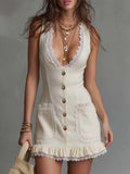 Bohemian Cotton Lace Trim Button-Front Mini Dress In Cream