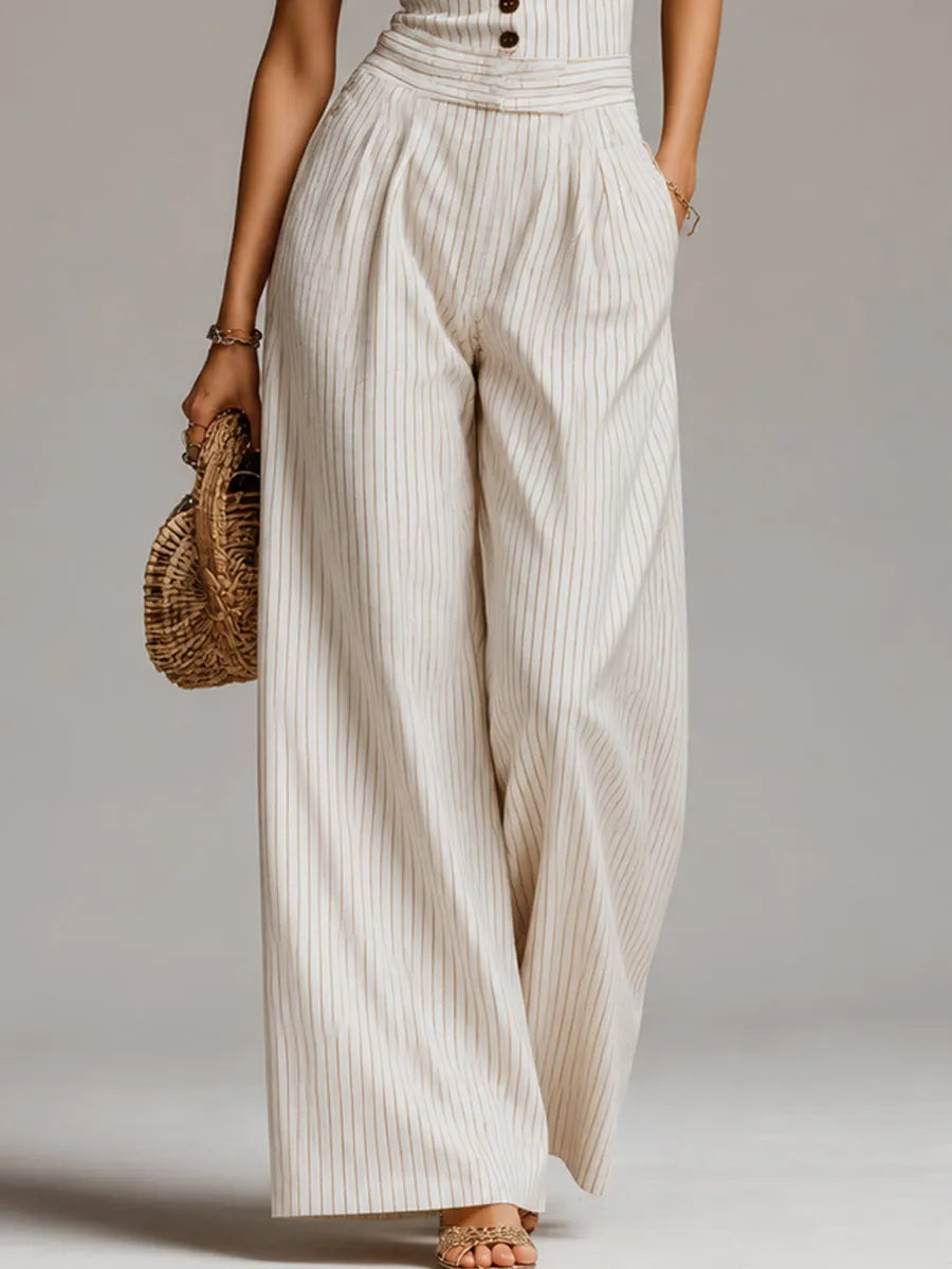 Retro Striped Shirt Collar Wide-Leg Jumpsuit With Button Detail