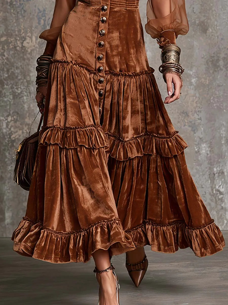 Vintage-style Polyester Velvet Contrasting Lace Trim Midi Dress