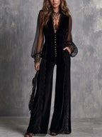 Vintage Sheer Sleeves Polyester Velvet Jumpsuit