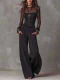 High Neck Sheer Mesh Sleeve Strapless Corset Button Pinstripe Woven Fabric Pocket Wide Leg Jumpsuit