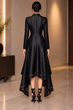 Black Satin High‑Low Blazer Dress