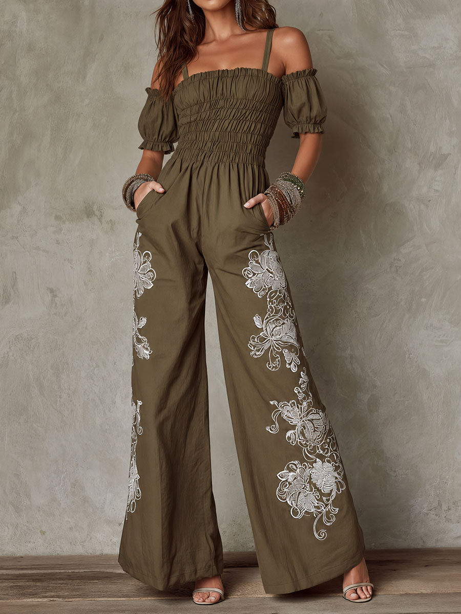 Boho Olive Green Smocked Embroidered Wide-Leg Jumpsuit