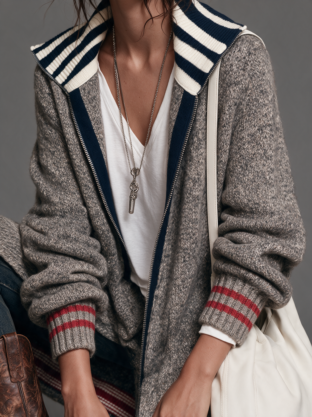 Women's Vintage Color-Block Striped Zip-Up Mid-Length Cardigan