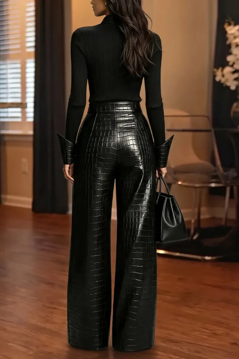 Black Croc-Texture Gold-Button Wide-Leg Pants
