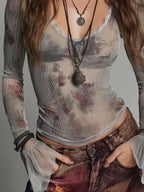 Retro Mesh Printed Slim-Fit T-Shirt With Ruffled Cuffs