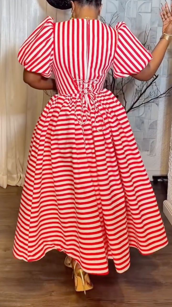 Red-and-White Stripe Puff-Sleeve A-Line Maxi Dress