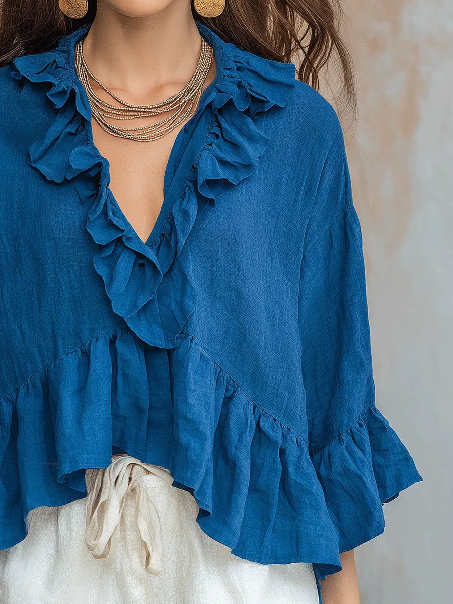 Soft Ruffled V-Neck Bohemian-Style Cotton And Linen Shirt And Basic White Shorts