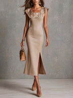 Elegant Floral Embroidery Square Cap Sleeve Front Slit Midi Bodycon Dress