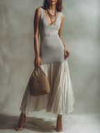 Retro Slim-Fit Ribbed Knit Pleated Hem Maxi Dress