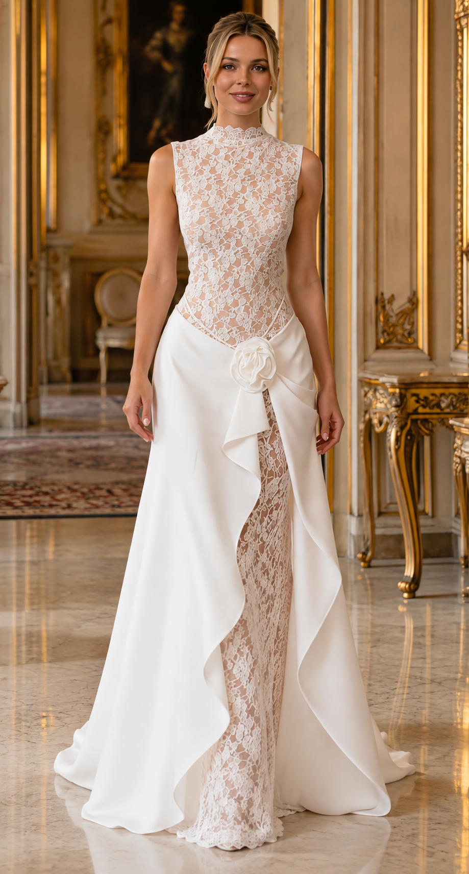 Ivory Lace & Satin Draped Evening Gown