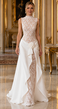 Ivory Lace & Satin Draped Evening Gown