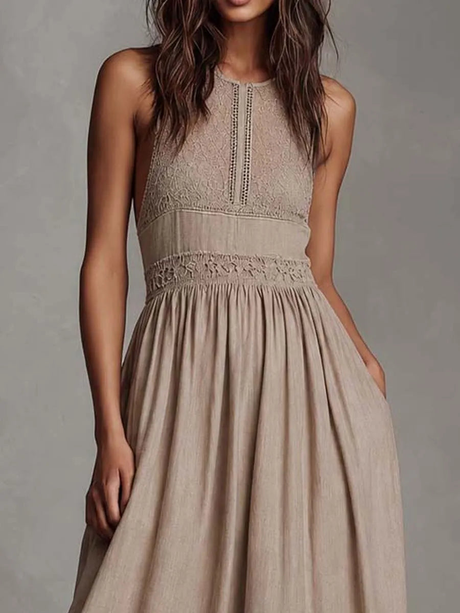 Boho Lace Linen Sleeveless Midi Dress