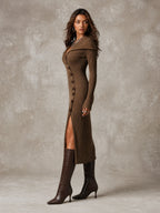 Vintage Wide Lapel V Neck Wrap Side Button Slit Vertical Ribbed Knit Midi Dress