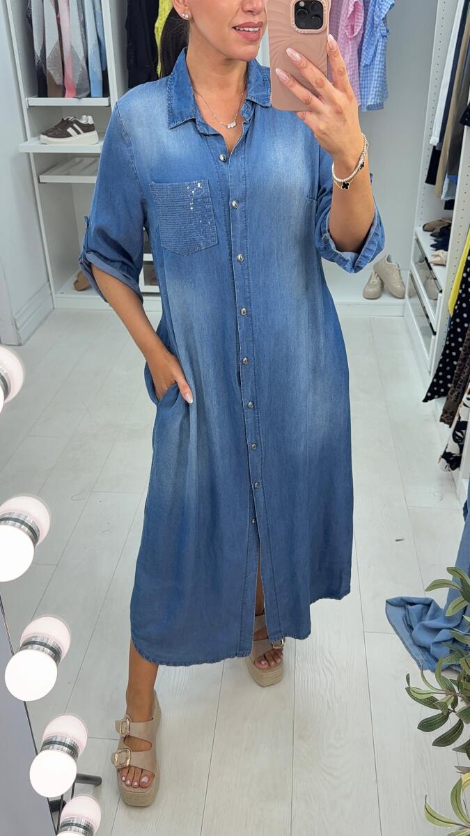 Women Flip Collar Washed Denim Casual Dress
