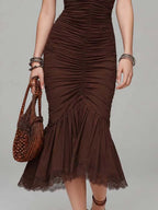 Chocolate Brown Cotton-Knit & Mesh Lace Halter Ruched Midi Dress
