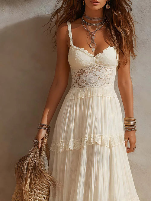 Bohemian Resort-Style Lace Fabric And Pleated Skirt Maxi Dress
