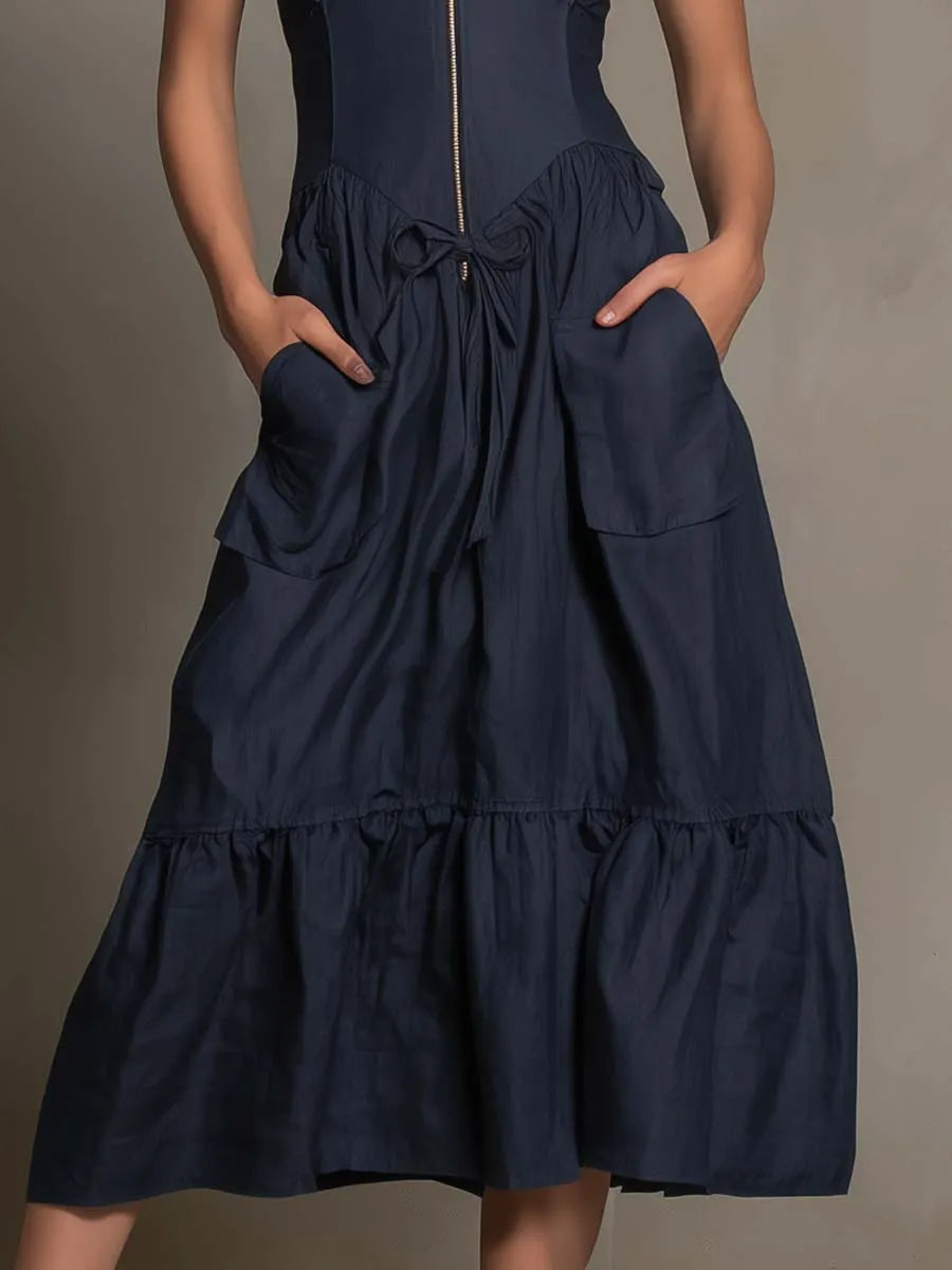 Elegant Sleeveless Ruffle Zip Front Tie Waist Pocket Tiered Midi Dress