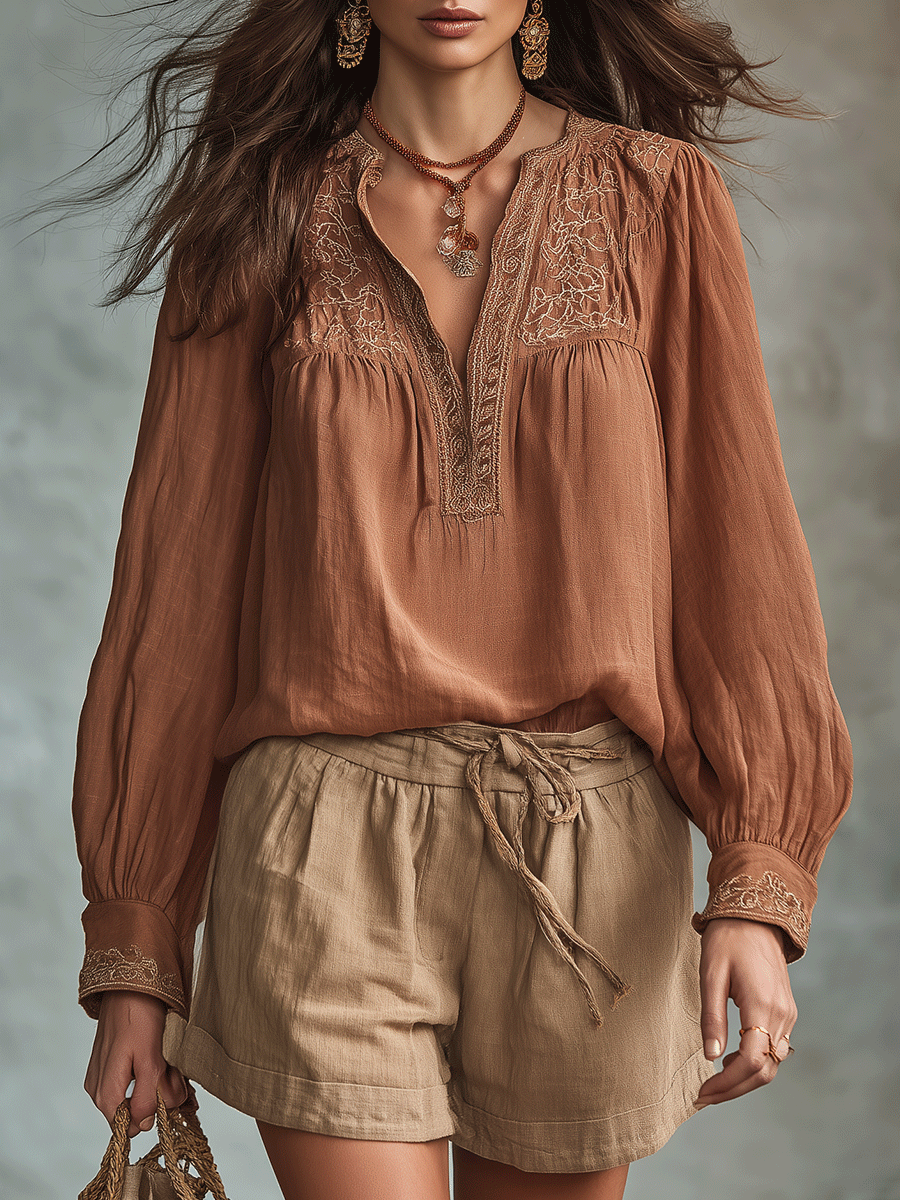 Vintage Embroidered Bohemian Peasant Blouse And Shorts Set