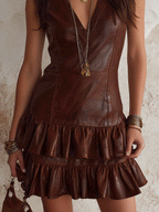 Western Boho Faux-Leather Deep-V Ruffle-Hem Brown Mini Dress