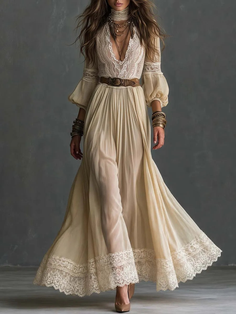 Boho Lace Deep V Bishop Sleeve Maxi Dress