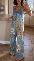 Women's Floral Print Denim Overalls
