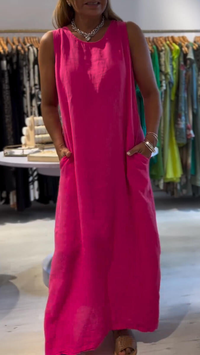 Women Round Neck Sleeveless Solid Color Loose Casual Dress