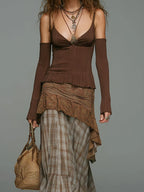 Vintage-style Top With Detachable Sleeves & Plaid-panel Skirt Set