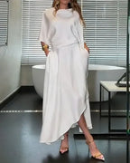 White Satin Cowl Neck Midi Dress With Pockets