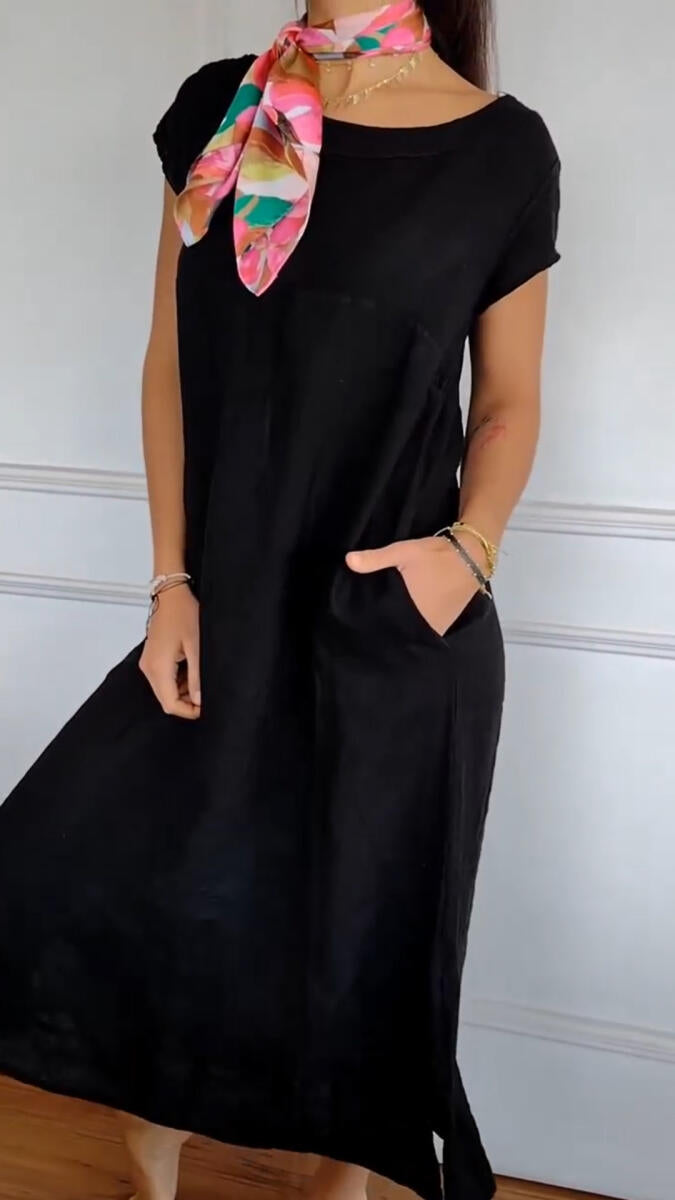 Women's Round Neck Loose Casual Cotton and Linen Dress