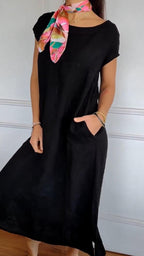 Women's Round Neck Loose Casual Cotton and Linen Dress