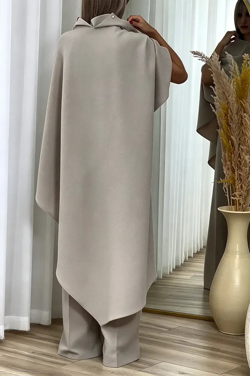 Stone Draped Cape Top & Wrap-Panel Wide-Leg Pants Set
