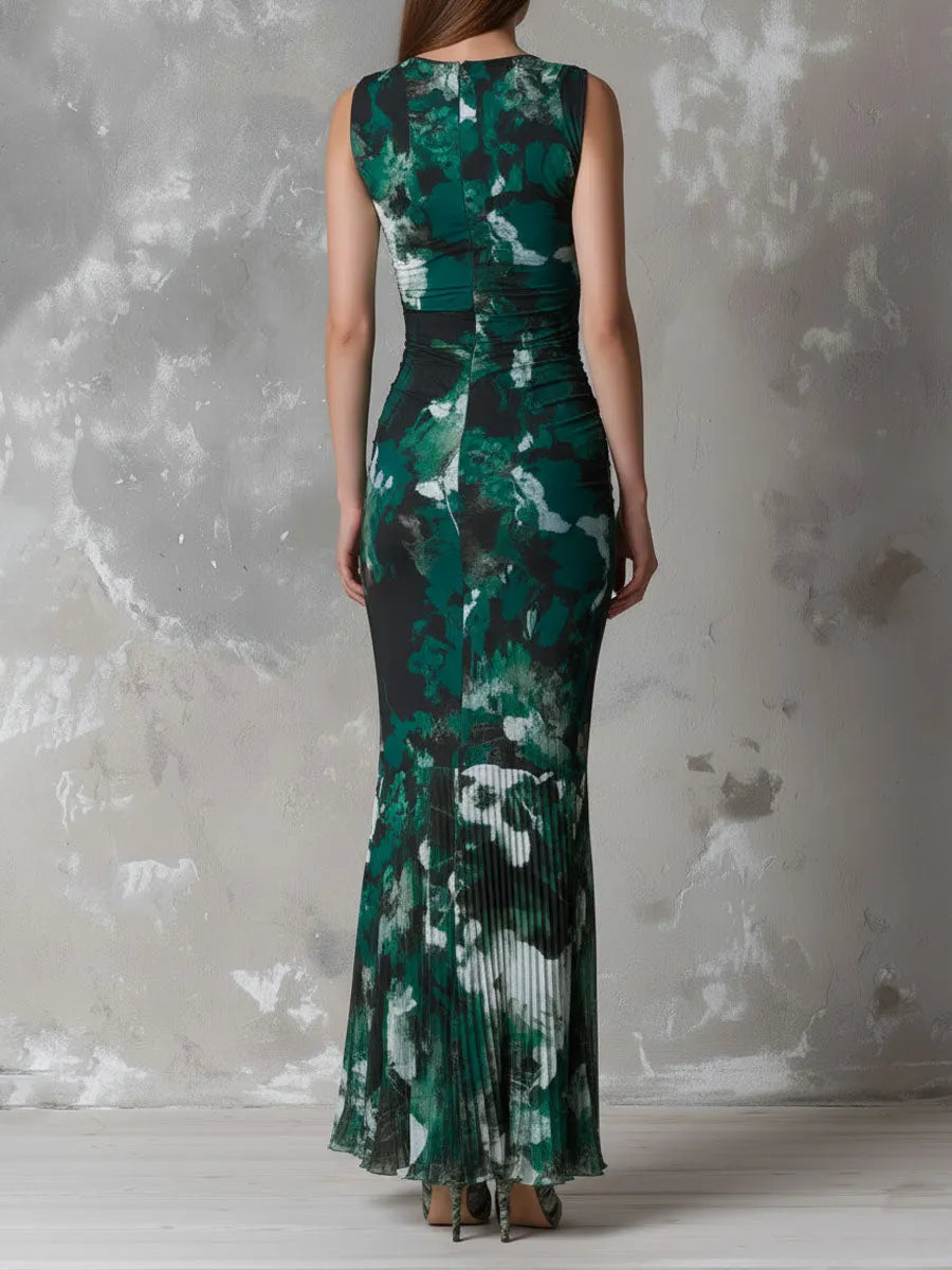 Retro Elegant Emerald Bloom Sleeveless Pleated Maxi Dress
