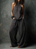 Boho Chic Charcoal Pinstripe Halter Top & Wide-Leg Pants Set