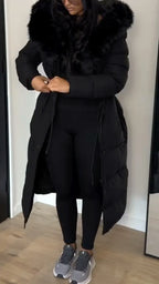 Black Plush-Collar Longline Puffer Coat