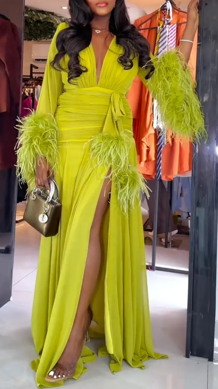 Lime Feather-Trim Ruched Slit Maxi Dress