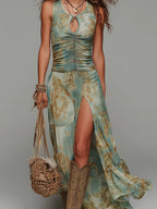 Boho Keyhole-Neck High-Slit Maxi Dress