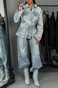 Light-Wash Sparkle Belted Denim Jacket & Relaxed Pants Set