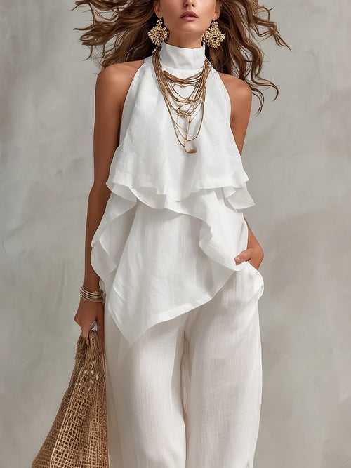 Bohemian White Linen Ruffled Top And Wide Leg Pants