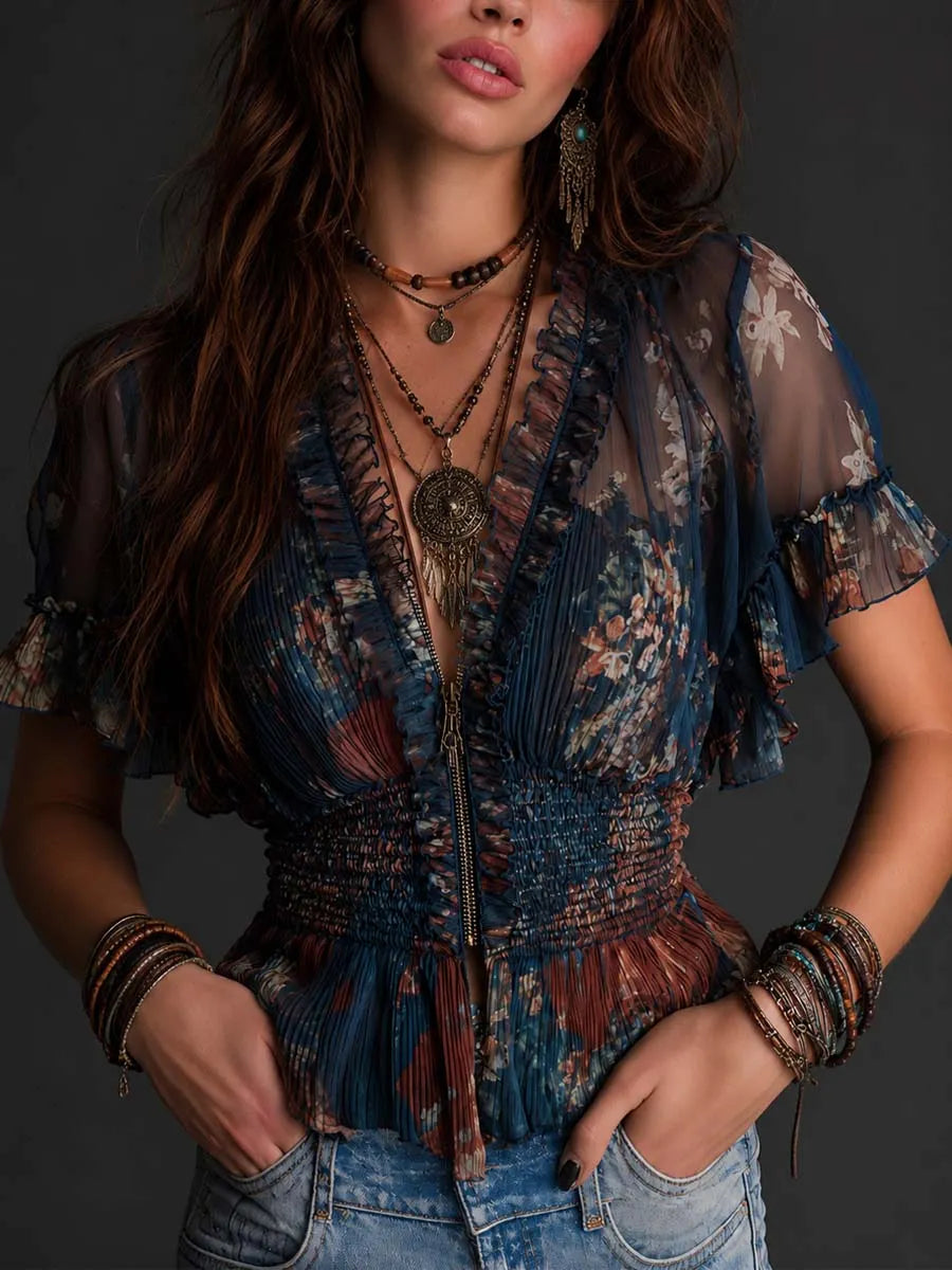 Vintage Boho Floral Crinkle Chiffon Ruffle Zip Front Smocked Waist Short Sleeve Blouse